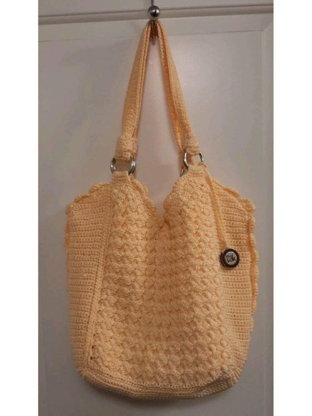 The Sak Casual Sunshine Yellow Crochet Shoulder Bag Lining Double Handle Tag